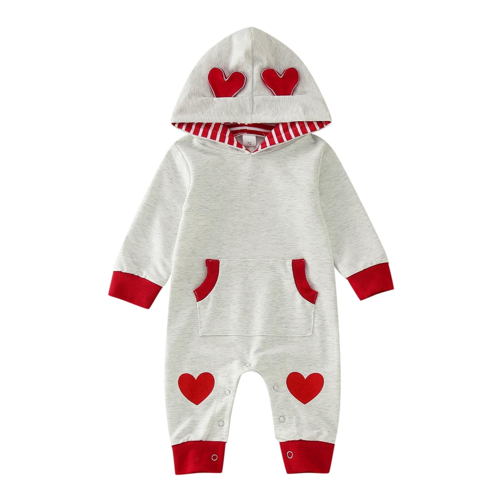 Byoo Newborn Boys Bodysuit Valentine's Day Soft Heart Print Long Sleeve Pocket Hooded Jumpsuit Baby Sport Kids Romper Clothes