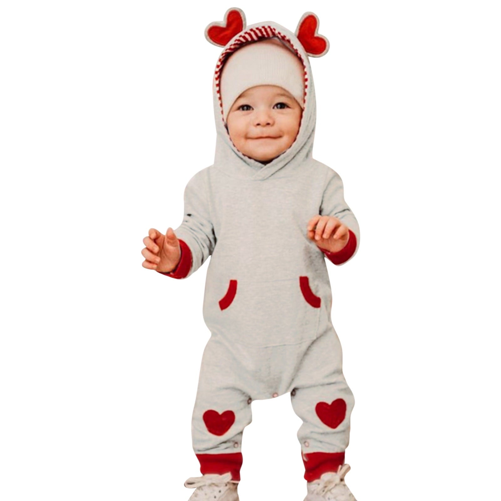 Byoo Newborn Boys Bodysuit Valentine's Day Soft Heart Print Long Sleeve Pocket Hooded Jumpsuit Baby Sport Kids Romper Clothes