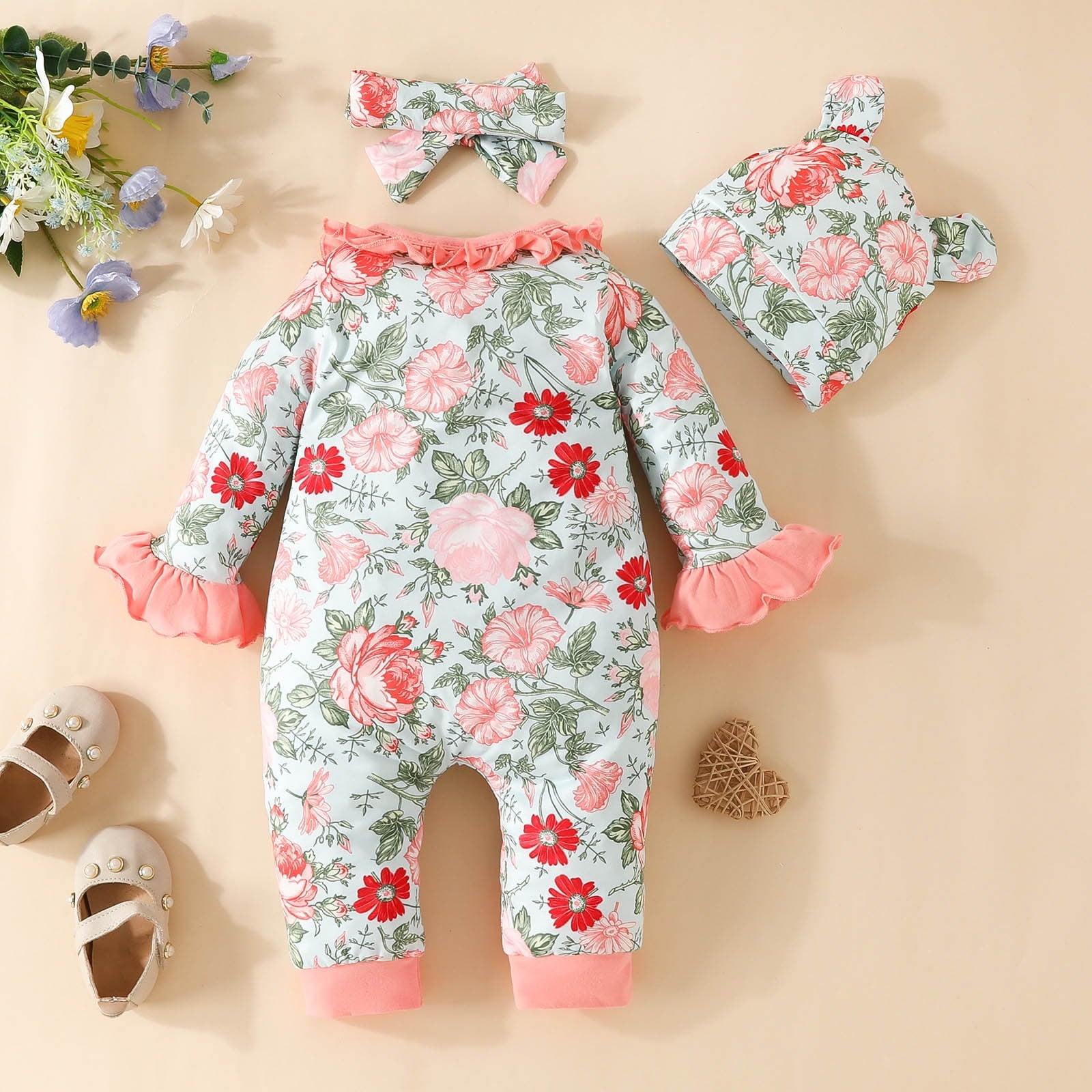 Baby Girls One-Pieces Long Sleeve Floral Print Pullover Romper Jumpsuit Cute Dailywear One-Pieces Clothes