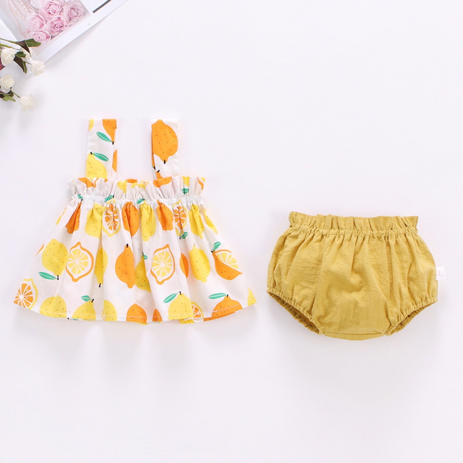 Caqnni Baby Girl Clothes Toddler Summer Outfits Cute Bow Print T-Shirt + Shorts 2pcs Set 6 Months-5 Years Old T-Shirt Set Yellow 6-9 Months
